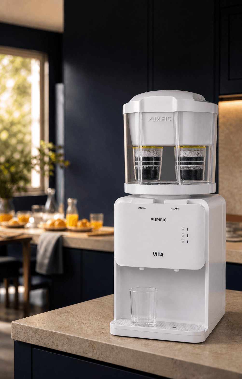 Purific Vita com base refrigerada e purificador, ambientado em uma cozinha contemporânea